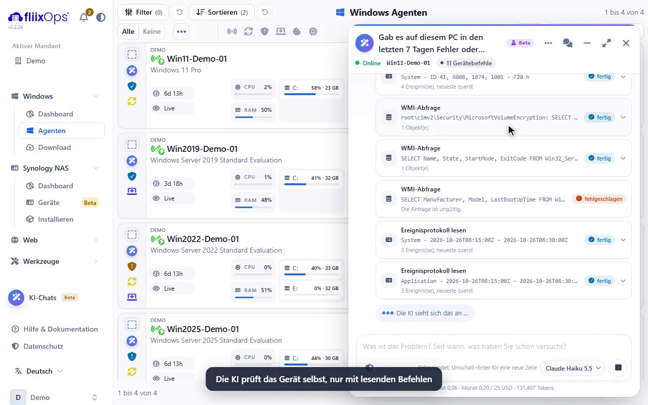 Chat der KI-Unterstützung an einem Windows-Gerät in der fliix Ops Konsole