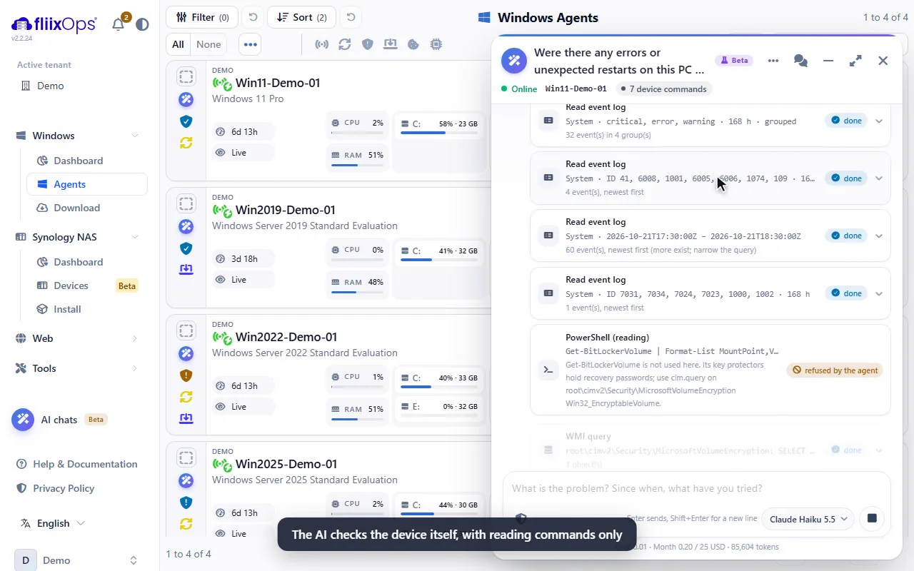 AI support chat on a Windows device in the fliix Ops console